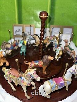 1988 Franklin Mint Set Of 12 Carousel Animal Figurines with Wood Wall Display