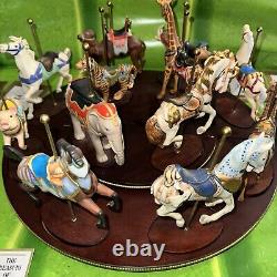1988 Franklin Mint Set Of 12 Carousel Animal Figurines with Wood Wall Display