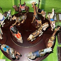 1988 Franklin Mint Set Of 12 Carousel Animal Figurines with Wood Wall Display
