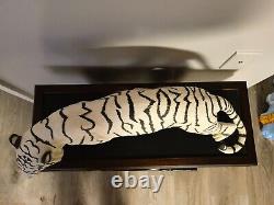 A White Tiger Porcelain Sculpture with Wooden Base, Made in Malaysia, 20 inches
