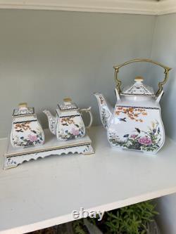 FRANKLIN MINT BIRDS FLOWERS Of The ORIENT Tea Pot Set CREAMER & SUGAR Tray