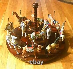 FRANKLIN MINT CAROUSEL 12 PORCELAIN ANIMALS WITH DISPLAY TURNTABLE 1980's