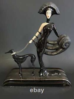 Franklin Mint Art Deco Lady w Dog Symphony in Black Porcelain Figurine No. A3004