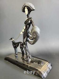 Franklin Mint Art Deco Lady w Dog Symphony in Black Porcelain Figurine No. A3004