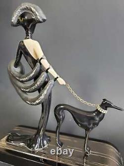 Franklin Mint Art Deco Lady w Dog Symphony in Black Porcelain Figurine No. A3004