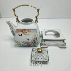 Franklin Mint Birds and Flowers of the Orient Teapot Set Stand Cream Sugar Tray