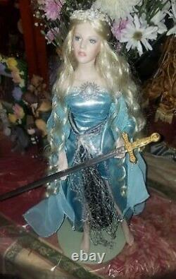 Franklin Mint Lady Of The Lake Porcelain Doll, Includes Stand & Excalibur Sword