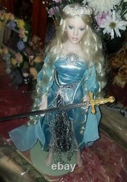 Franklin Mint Lady Of The Lake Porcelain Doll, Includes Stand & Excalibur Sword