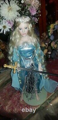 Franklin Mint Lady Of The Lake Porcelain Doll, Includes Stand & Excalibur Sword