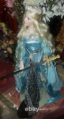 Franklin Mint Lady Of The Lake Porcelain Doll, Includes Stand & Excalibur Sword