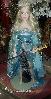 Franklin Mint Lady Of The Lake Porcelain Doll, Includes Stand & Excalibur Sword