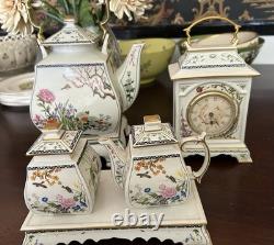 Franklin Mint Oriental Tea Pot, Sugar & Creamer 24kt Accents Birds & Flowers