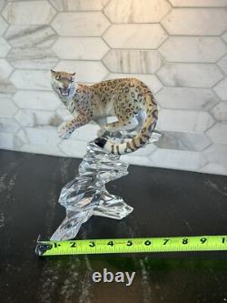 Franklin Mint Porcelain Snow Leopard Figurine on Crystal Base