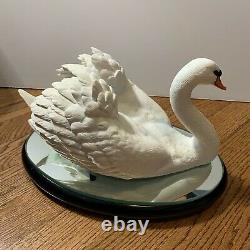 Franklin Mint Royal Swan White Bisque Porcelain Figurine, Wood and Mirror Base