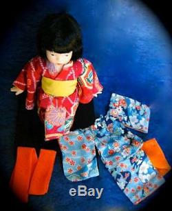Japanese Girl Porcelain Friendship Doll 2 Kimonos & Wood Stand Nib Retired Rare