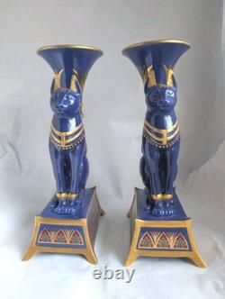 Pair Vintage Franklin Mint Egyptian Cat Candleholders by Roushdy Iskander Garas