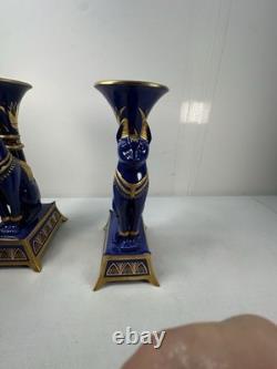 Pair Vintage Franklin Mint Egyptian Cat Candleholders by Roushdy Iskander Taras