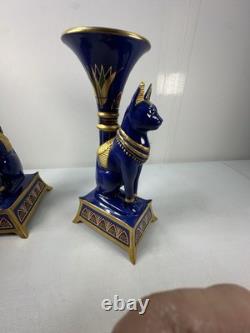 Pair Vintage Franklin Mint Egyptian Cat Candleholders by Roushdy Iskander Taras