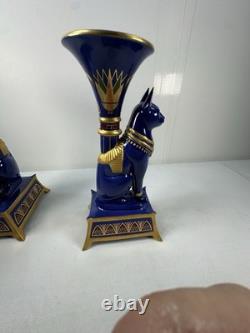 Pair Vintage Franklin Mint Egyptian Cat Candleholders by Roushdy Iskander Taras