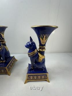 Pair Vintage Franklin Mint Egyptian Cat Candleholders by Roushdy Iskander Taras