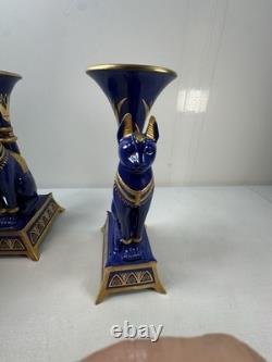 Pair Vintage Franklin Mint Egyptian Cat Candleholders by Roushdy Iskander Taras
