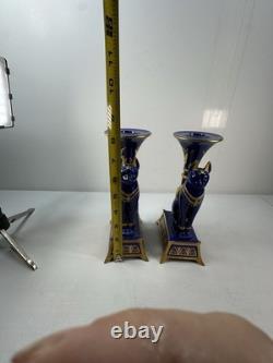 Pair Vintage Franklin Mint Egyptian Cat Candleholders by Roushdy Iskander Taras
