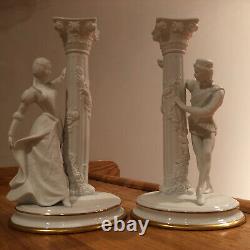 The Franklin Mint Romeo and Juliet Fine Bisque Porcelain Candlestick Pair © 1986