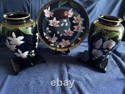 VTG Franklin Mint 3pc Set Porcelain 24 Karat Gold Vases / Plate Makoto Miyagi
