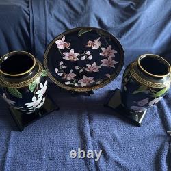 VTG Franklin Mint 3pc Set Porcelain 24 Karat Gold Vases / Plate Makoto Miyagi