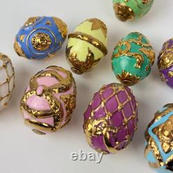 Vintage Franklin Mint Summer Egg Basket with 9 Fabrege Design Eggs Gold Accent
