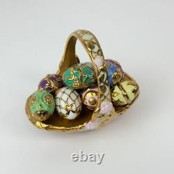 Vintage Franklin Mint Summer Egg Basket with 9 Fabrege Design Eggs Gold Accent