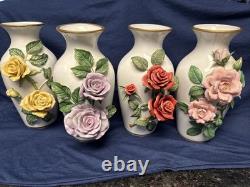 Vintage Franklin Mint Vases By Rosanne Sanders 3D Flowers Leaves Lot Of 4
