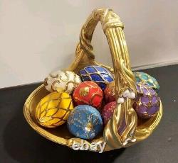 Vintage The Franklin Mint Spring Egg Basket with 9 Fabrege' Design Eggs Withbox