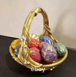 Vintage The Franklin Mint Spring Egg Basket with 9 Fabrege' Design Eggs Withbox