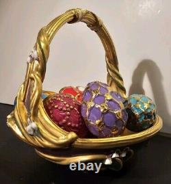 Vintage The Franklin Mint Spring Egg Basket with 9 Fabrege' Design Eggs Withbox