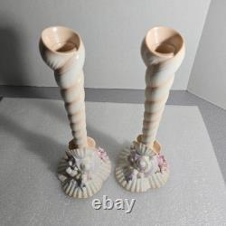 Vtg Franklin Mint Atlantis Candlestick Holders Pair Porcelain Pastel Coastal 80s